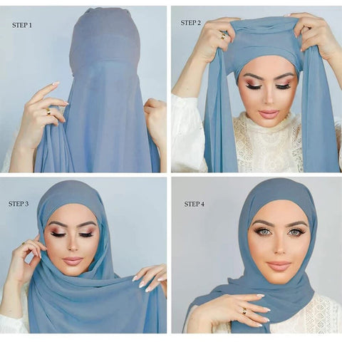 Muslim Women Chiffon Hijab With Cap Bonnet Instant Chiffon Hijab Pinles Shawl Head Scarf Under scarf Caps Cover Headwrap - dgbeiqi