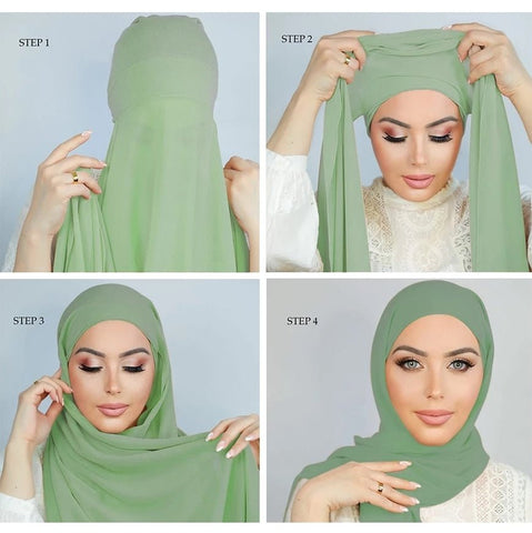 Muslim Women Chiffon Hijab With Cap Bonnet Instant Chiffon Hijab Pinles Shawl Head Scarf Under scarf Caps Cover Headwrap - dgbeiqi