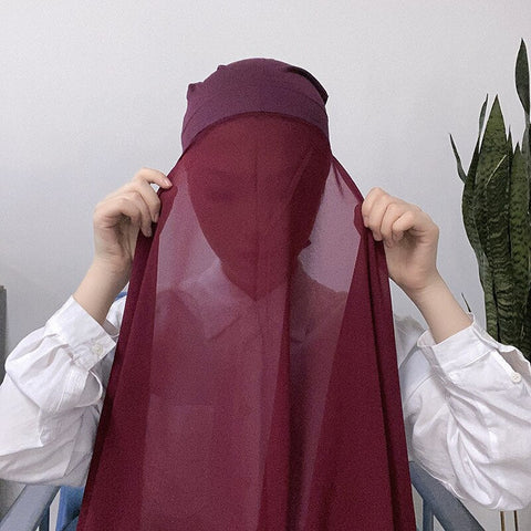 Muslim Women Chiffon Hijab With Cap Bonnet Instant Chiffon Hijab Pinles Shawl Head Scarf Under scarf Caps Cover Headwrap - dgbeiqi